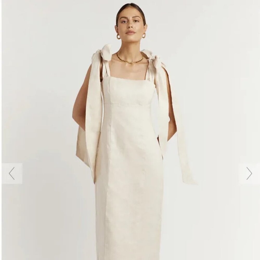 DISSH AISLE MIDI BOW DRESS PEARL LINEN SIZE 4